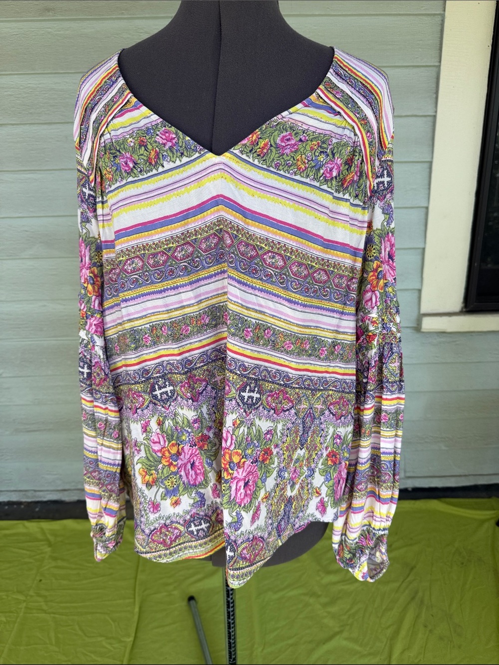 Maeve Mixed Floral & Stripe V-Neck Long Sleeve Top — Pink, Green, Purple